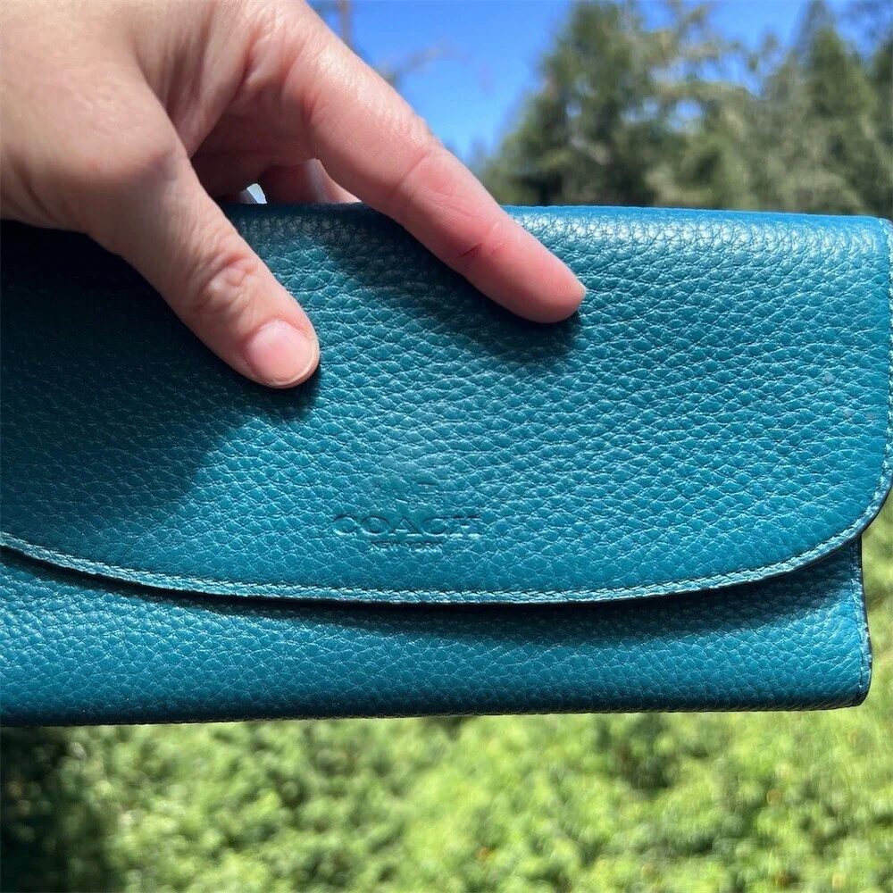 VINTAGE COACH Teal Blue Pebble Leather Trifold Wallet Silver Hardware AUTHENTIC